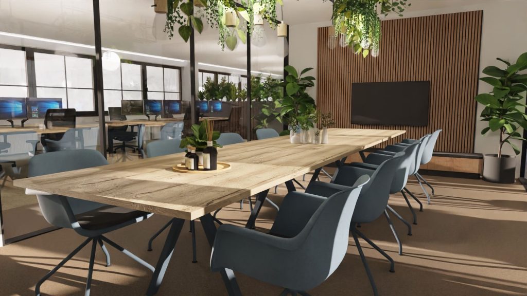 Gezellige vergaderkamer met duurzame inrichting - 3d render