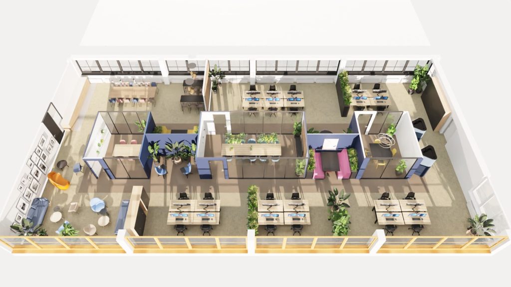 Plattegrond 3D tekening ontwerp kantoorinrichting indeling